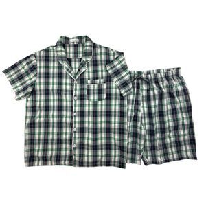 Latuza Mens Sleepwear Pajama Short Set Large Plaid Navy Green Lightweight Cotton
